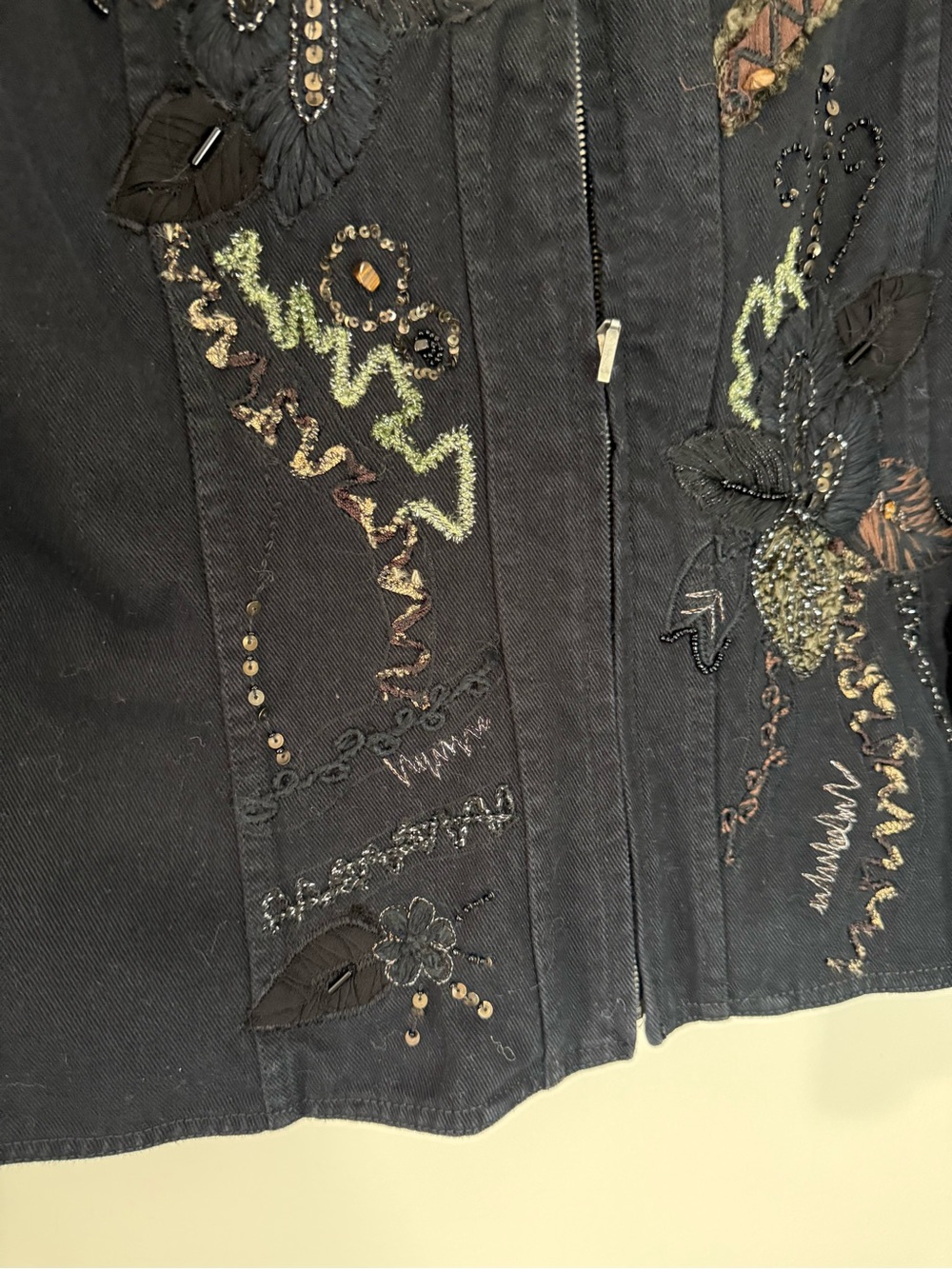 Chicos Black Embroidered & beaded Zip-Front denim Jacket size large (2) - Picture 2 of 13